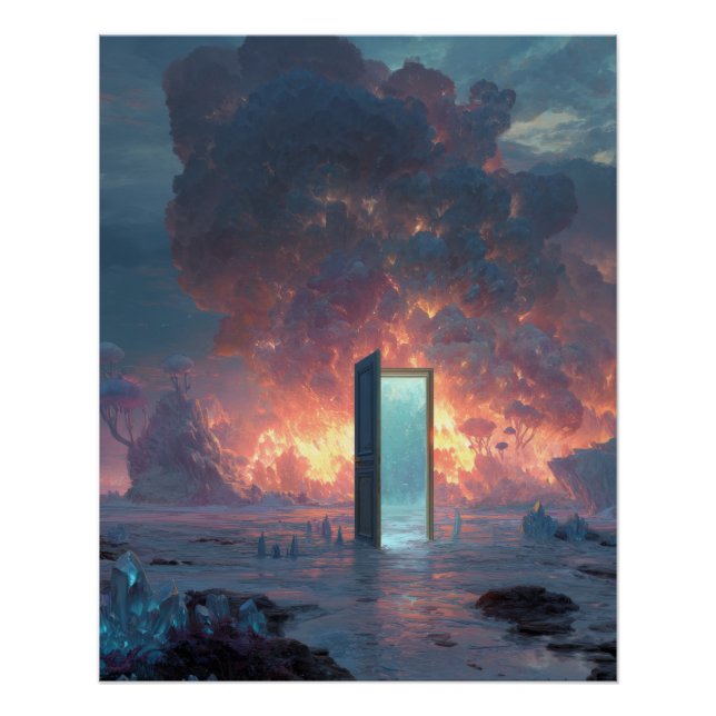Futuristic Portal Amid Fiery Skies Poster (Front)