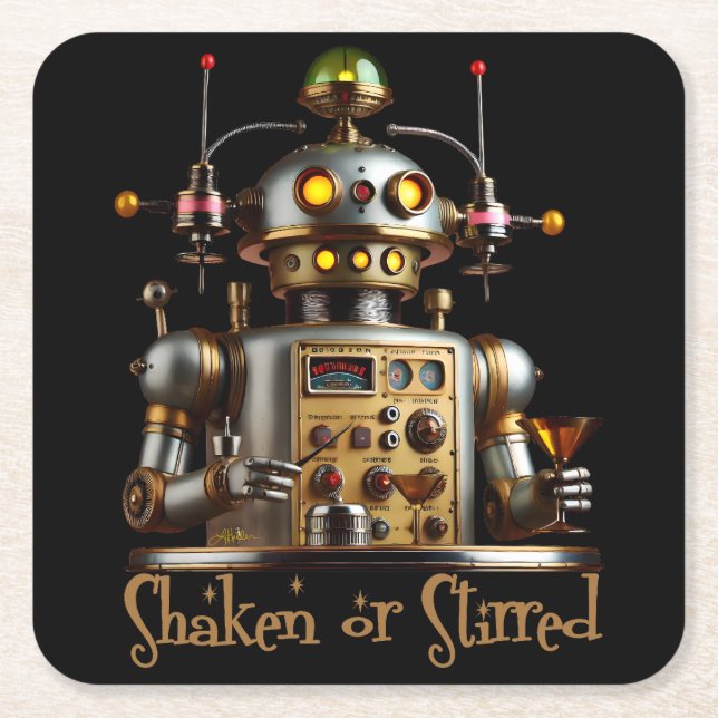 Futuristic Robot Bartender "Shaken or Stirred" Square Paper Coaster (Front)