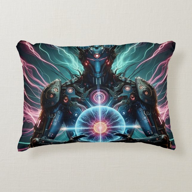 Futuristic Robot Cosmic Core Cyberpunk Accent Pillow (Front)