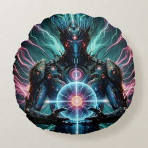 Futuristic Robot Cosmic Core Cyberpunk Round Pillow