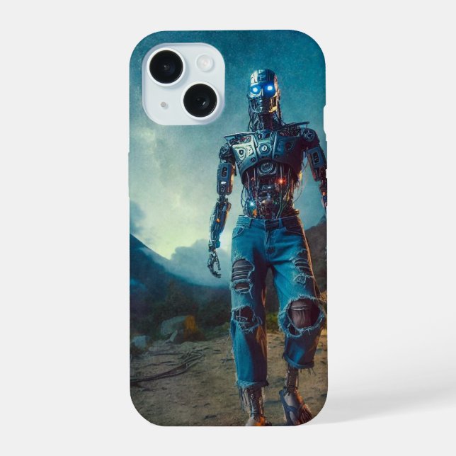 Futuristic Robot in Ancient Landscape iPhone 15 Case (Back)