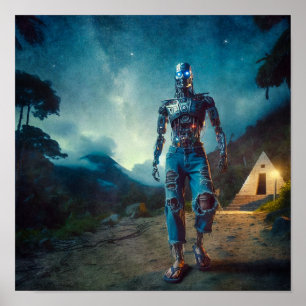 Futuristic Robot in Ancient Landscape Poster