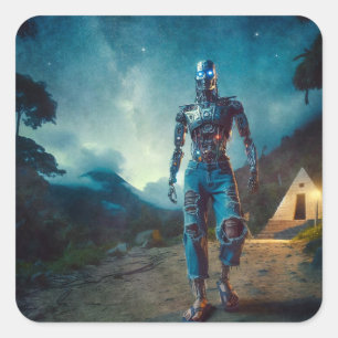 Futuristic Robot in Ancient Landscape Square Sticker