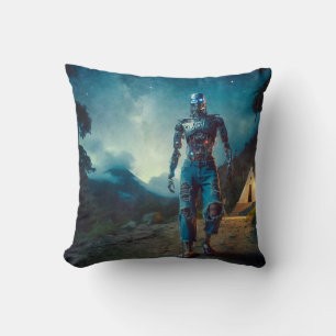 Futuristic Robot in Ancient Landscape Throw Pillow