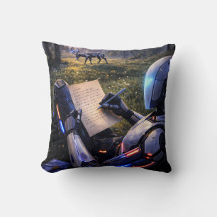 Futuristic Robot Writing Letter Forest Pillow