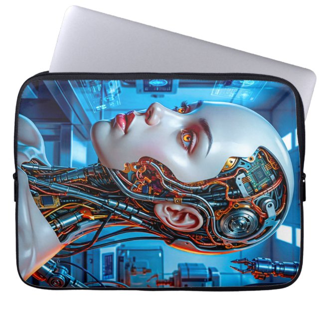 Futuristic Sci Fi Android Cool Blue Tech Laptop Sleeve (Front)