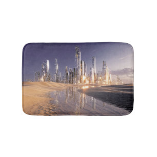 Futuristic Sci-Fi City Reflected In Desert Sands Bath Mat