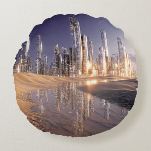 Futuristic Sci-Fi City Reflected In Desert Sands Round Pillow