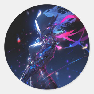 Futuristic Sci-Fi Cyber Warrior Anime Girl Classic Round Sticker
