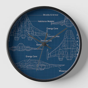 "Futuristic Spacecraft Blueprint Art" Clock