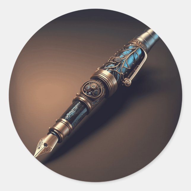 Futuristic Steampunk Style Fantasy Fountain Pen Classic Round Sticker (Front)