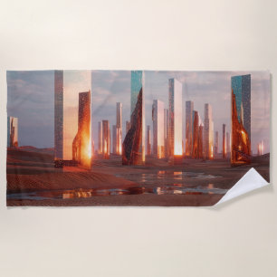 Futuristic Surreal Mirror Towers In Desert Beach Towel