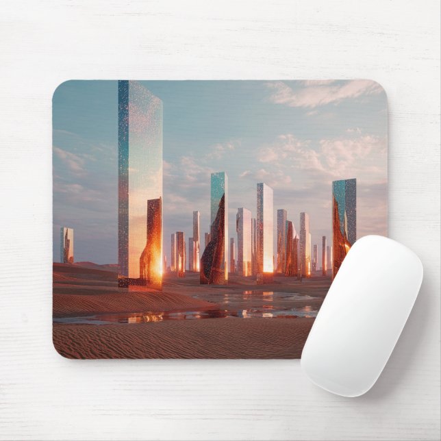 Futuristic Surreal Mirror Towers In Desert Mouse Pad (With Mouse)