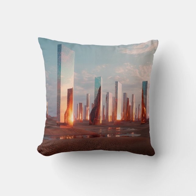 Futuristic Surreal Mirror Towers In Desert Throw Pillow (Front)