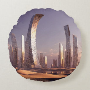 Futuristic Surreal Skyscrapers In Desert Landscape Round Pillow