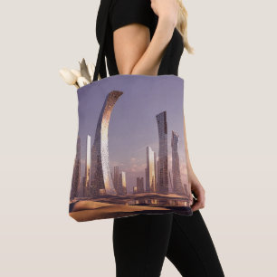 Futuristic Surreal Skyscrapers In Desert Landscape Tote Bag