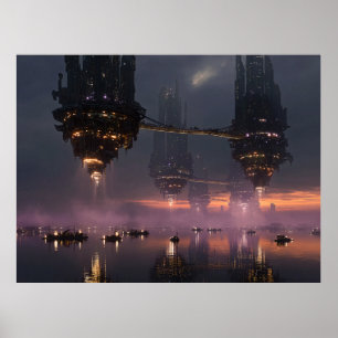Futuristic towers floating above harbor poster
