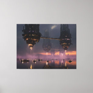 Futuristic towers floating above harbour canvas print