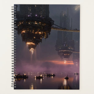 Futuristic towers floating above harbour planner