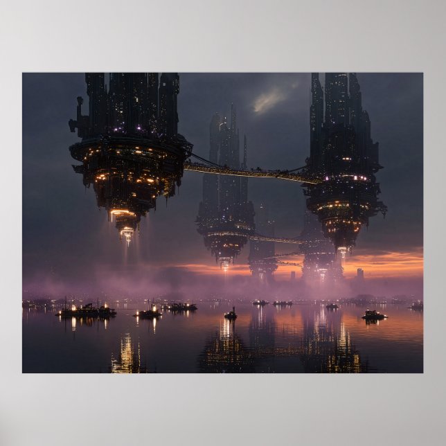 Futuristic towers floating above harbour poster (Front)