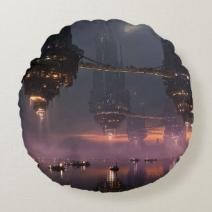 Futuristic towers floating above harbour round pillow