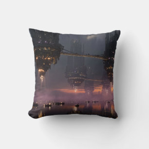 Futuristic towers floating above harbour throw pillow