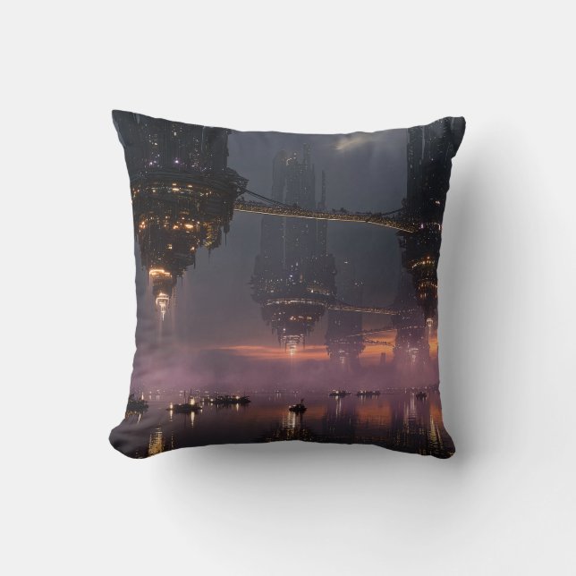 Futuristic towers floating above harbour throw pillow (Front)