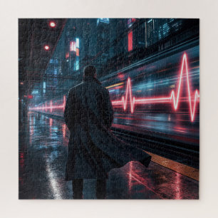 Futuristic Train with Neon Heartbeat Sign Jigsaw Puzzle