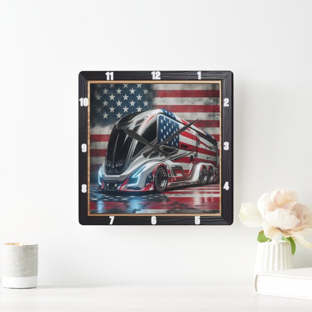 Futuristic Truck Patriotic American Flag Square Wall Clock (Home)