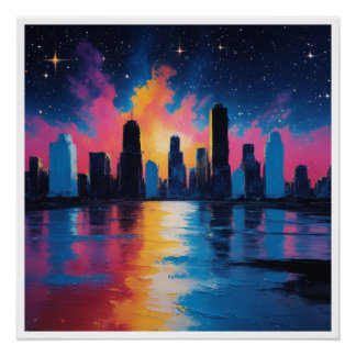 Futuristic Urban Skyline at Sunset Poster