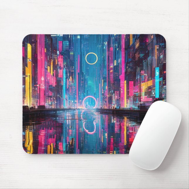 Futuristic Vibrant Neon Night Cityscape Mouse Pad (With Mouse)