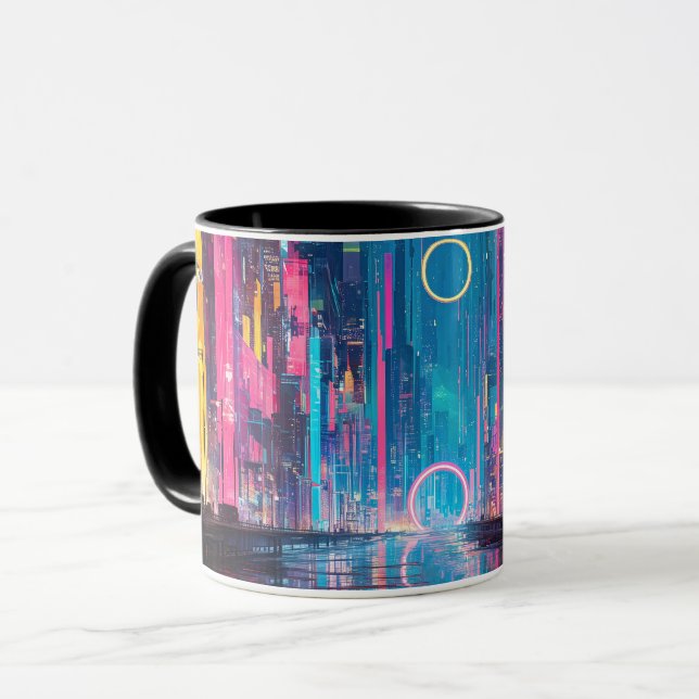 Futuristic Vibrant Neon Night Cityscape Mug (Front Left)