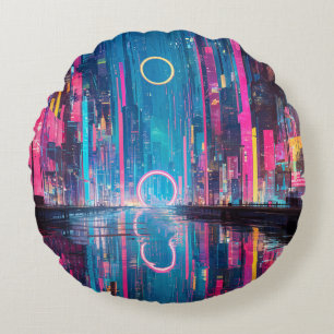 Futuristic Vibrant Neon Night Cityscape Round Pillow