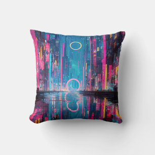 Futuristic Vibrant Neon Night Cityscape Throw Pillow