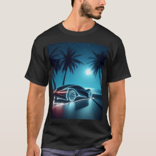 Futuristischer Sportwagen im Neonlicht vor Palmen T-Shirt