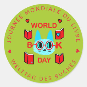 Fuzzy Cat World Book Day Journée Mondiale du Livre Classic Round Sticker