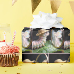 Fuzzy Caterpillar Looking at a Fairy Butterfly Wrapping Paper