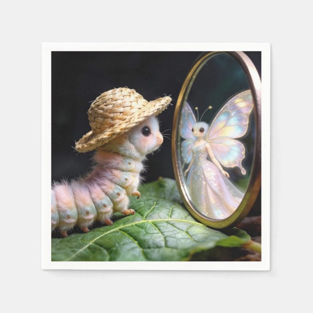 Fuzzy Caterpillar Staring at a Fairy Butterfly Napkin (Front)