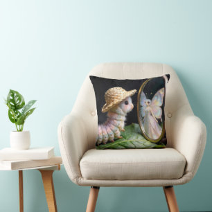 Fuzzy Caterpillar Staring at a Fairy Butterfly Throw Pillow