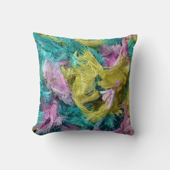 Fuzzy colorful strings of yarn print throw cushion (Front)