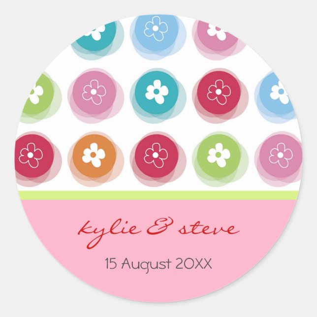 Fuzzy Dots & Cute Daisies Summer Wedding Sticker (Front)