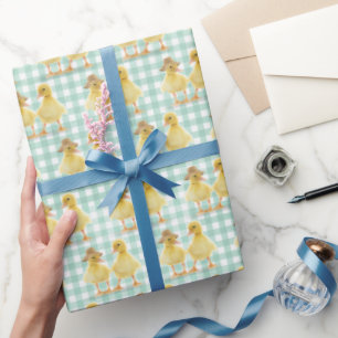 Fuzzy Duckling Couple On Gingham Wrapping Paper