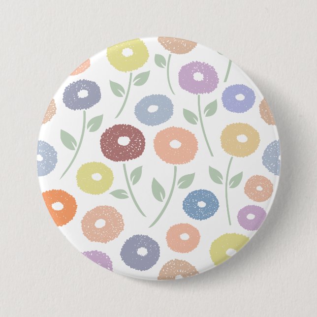 Fuzzy Flower Lg Pattern Pastels on White 3 Inch Round Button (Front)