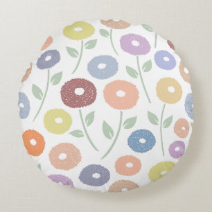 Fuzzy Flower Lg Pattern Pastels on White Round Pillow