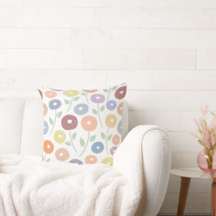 Fuzzy Flower Lg Pattern Pastels on White Throw Pillow