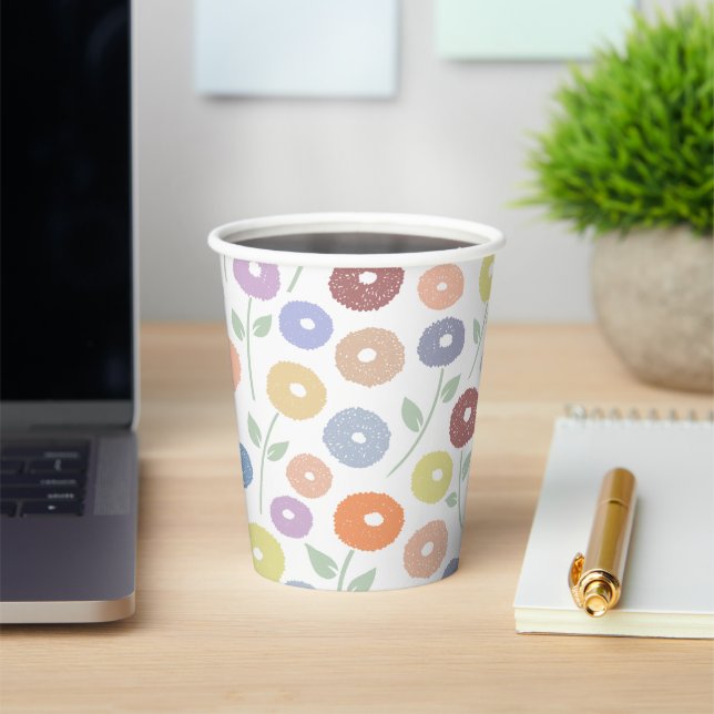 Fuzzy Flower Pattern Pastels on White Paper Cups (Insitu)