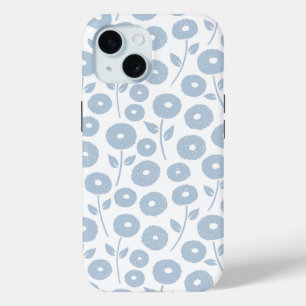 Fuzzy Flower Rpt Pattern Blue on White iPhone 15 Case
