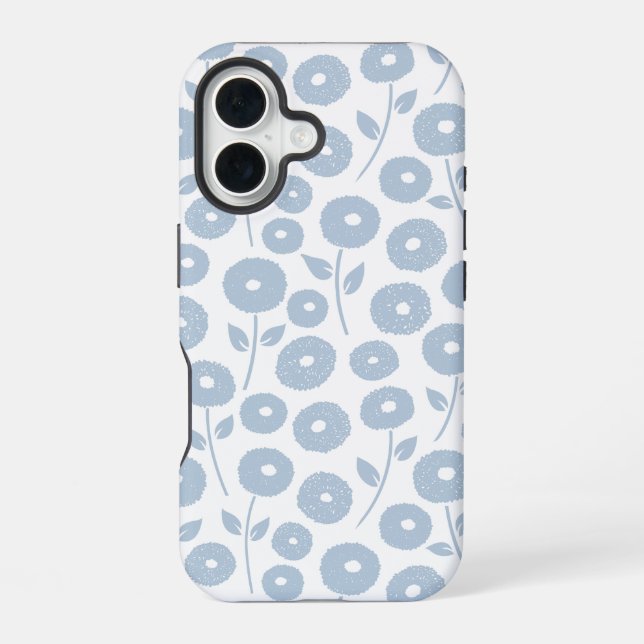 Fuzzy Flower Rpt Pattern Blue on White iPhone 16 Case (Back)
