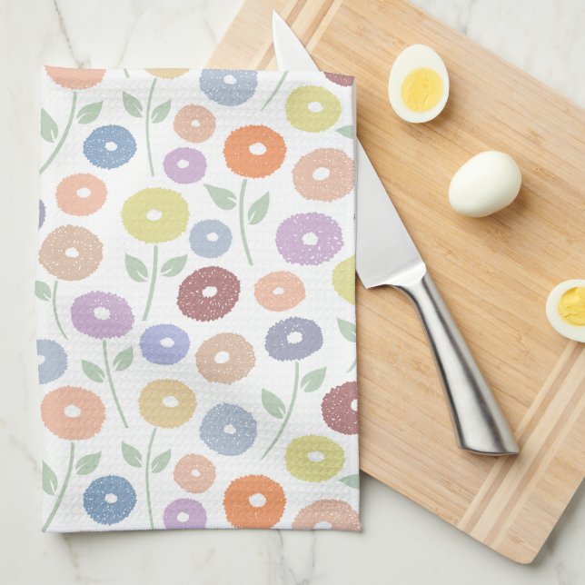 Fuzzy Flower Rpt Pattern Pastels on White Kitchen Towel (Quarter Fold)