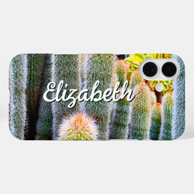 Fuzzy Green Cacti Succulent Photo Custom Name Bold Case-Mate iPhone Case (Back (Horizontal))